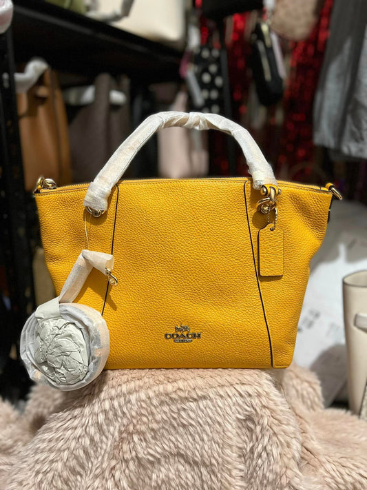 Coach Kacey Black Pebbled Leather Top Zip Satchel Crossbody Handbag - Mustard Yellow