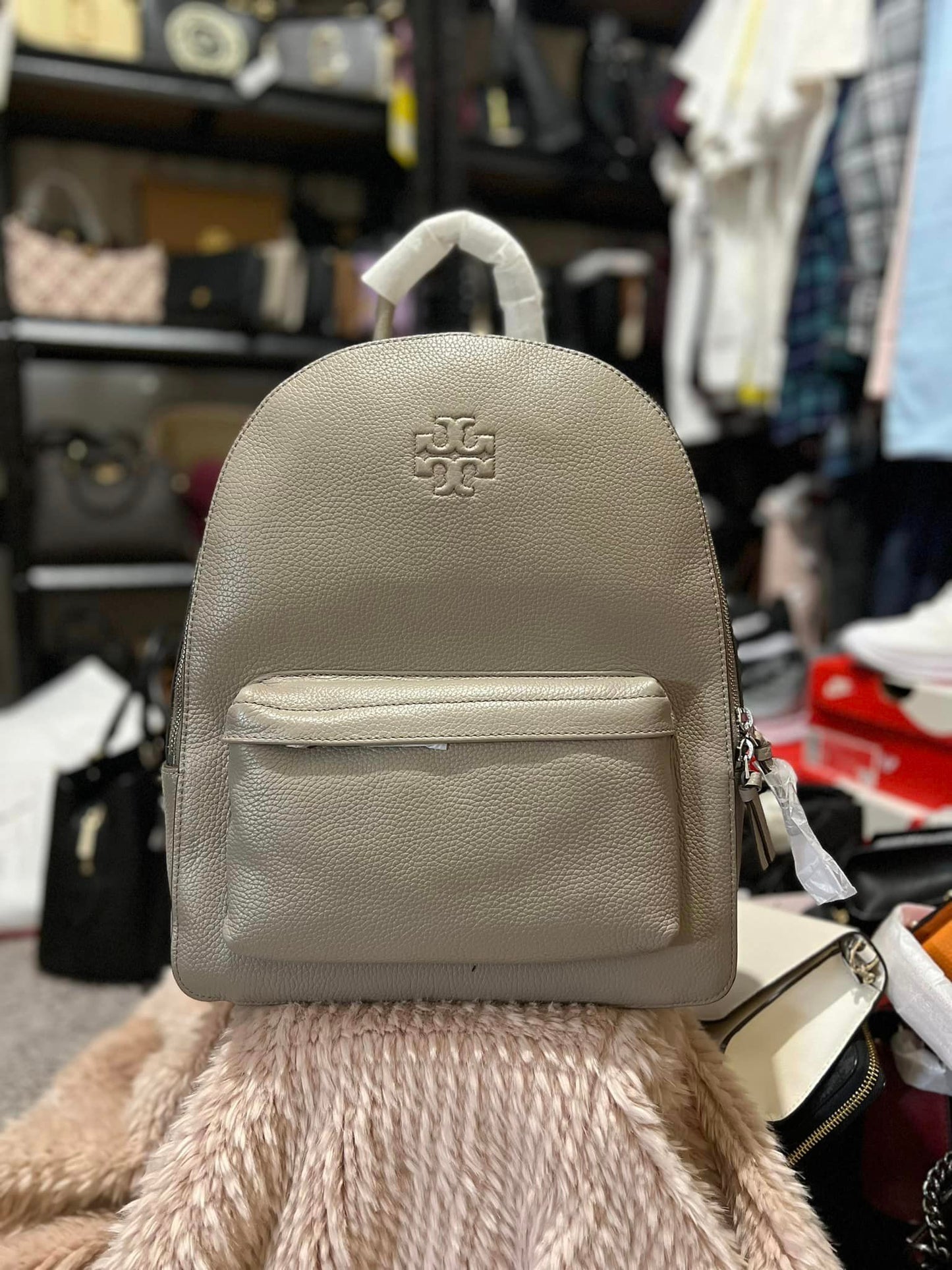 Tory Burch Thea Pebble Leather Small Backpack Bag - French Gray/036