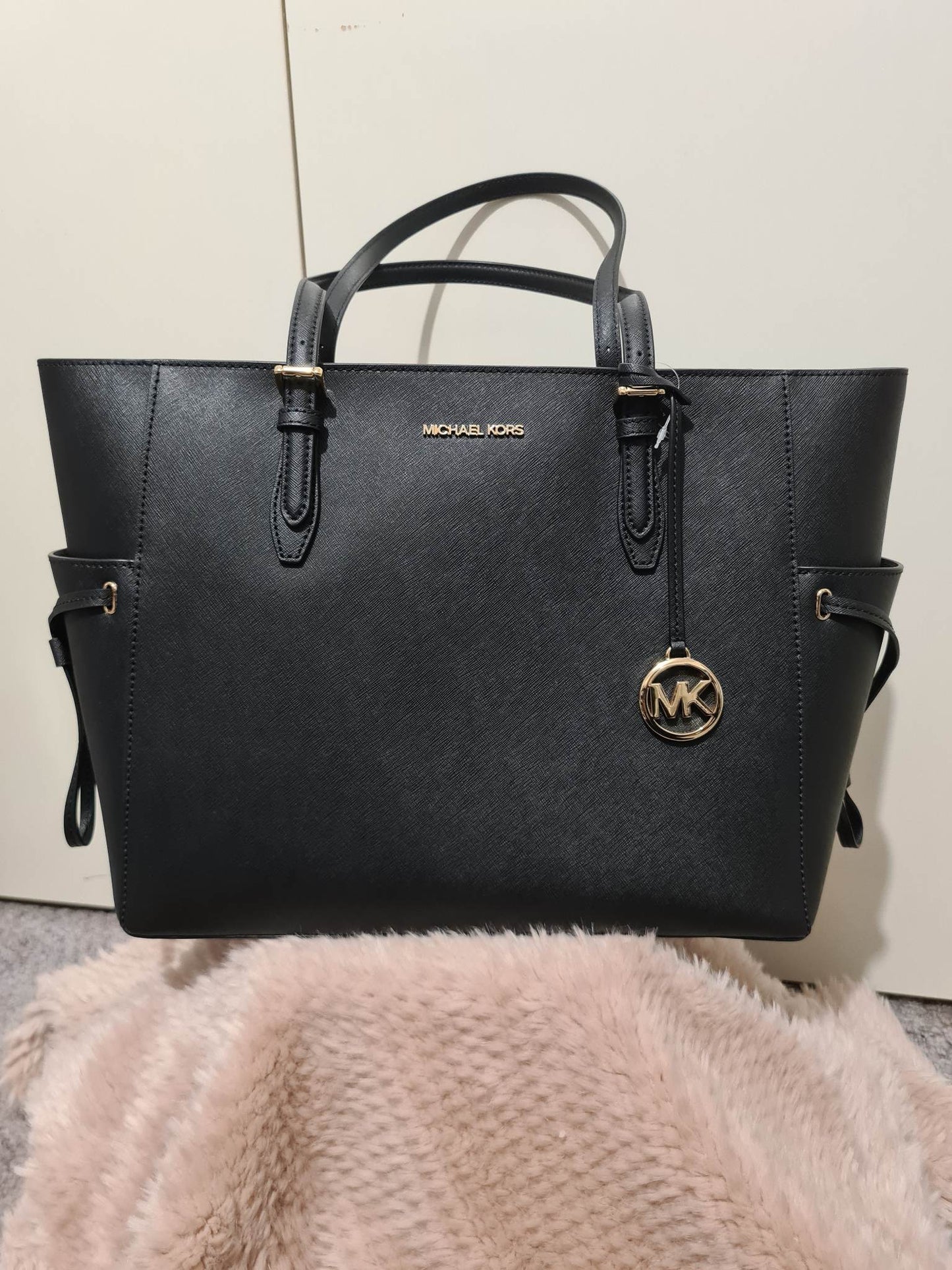 Michael Kors Large Gilly Drawstring Travel Tote Leather Bag - Black