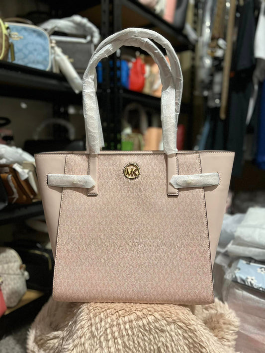 Michael Kors Carmen Large Top Zip Leather Tote Shoulder Bag - Powder Blush Pink