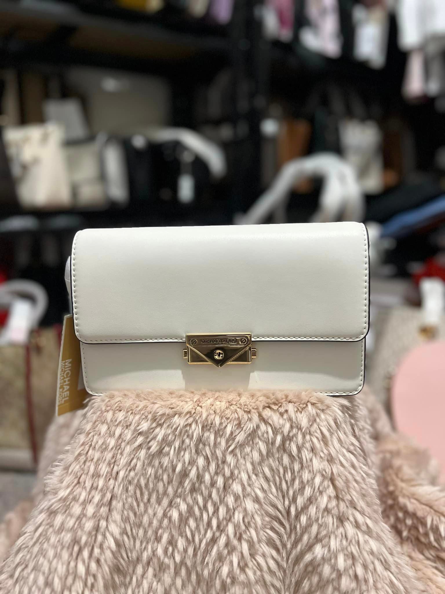 Michael Kors Cece Medium Flap Structured Clutch Non-Leather Vegan - White