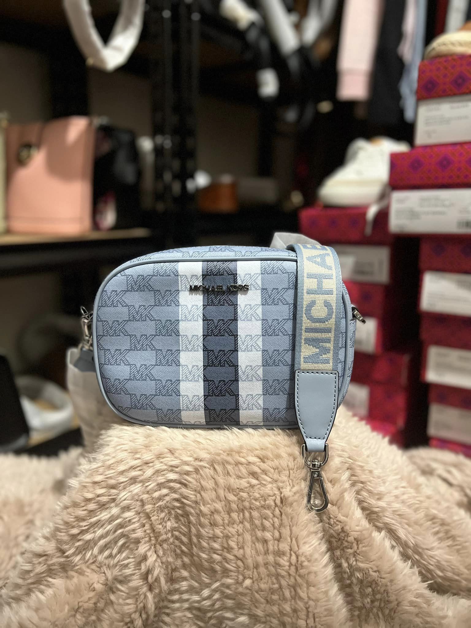 Michael Kors Jet Set Medium Logo Stripe Crossbody Bag - Blue